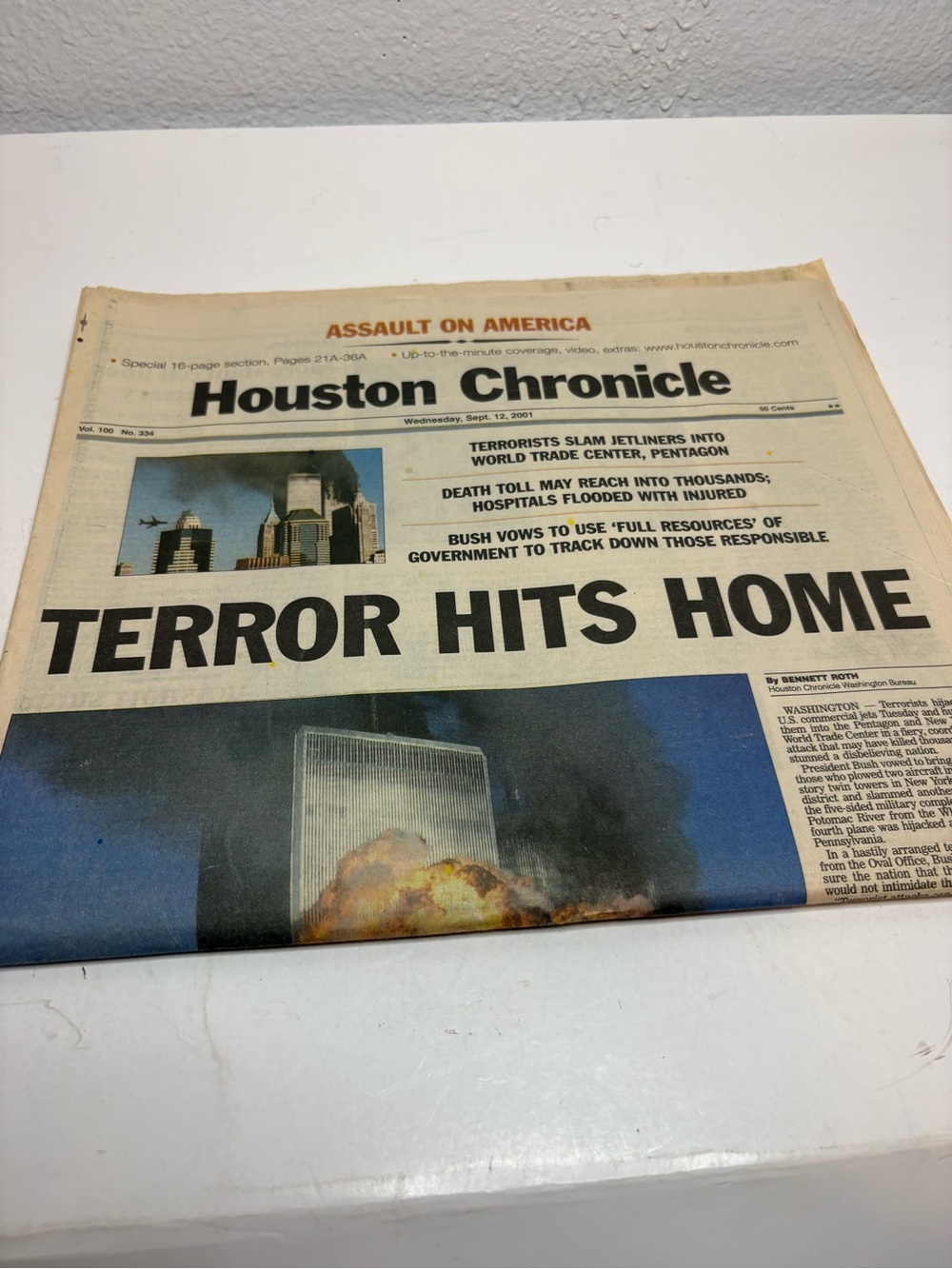 Houston Chronicle 'Terror Hits Home' Front Page Newspaper